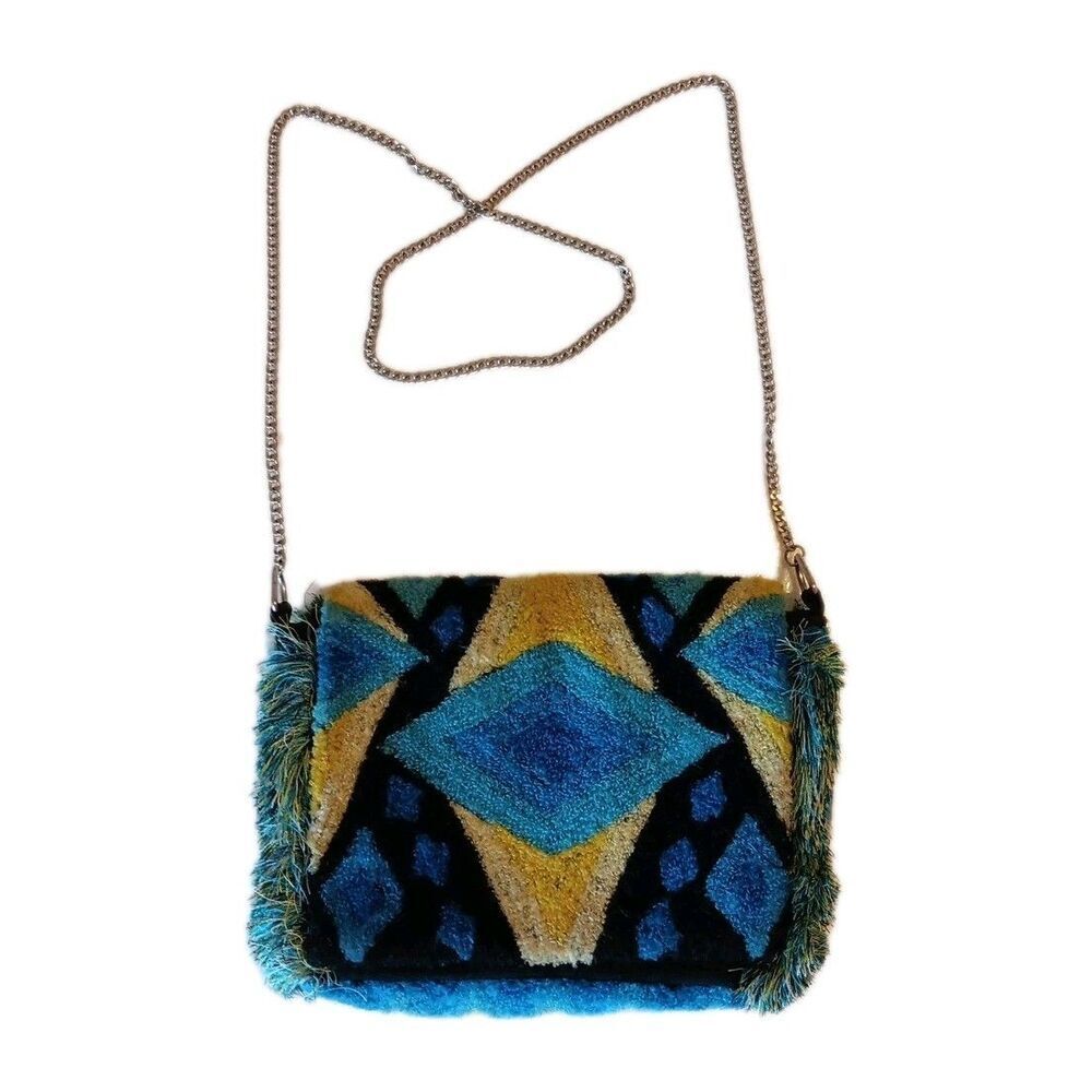 Vintage Retro Mod Topshot Purse Metal Chain Strap Carpet Fringe Small Geometric